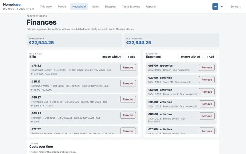 Household finances: the total, utility bills for electricity, water, gas and internet with usage and unit cost, recent expenses, and Import with AI buttons.