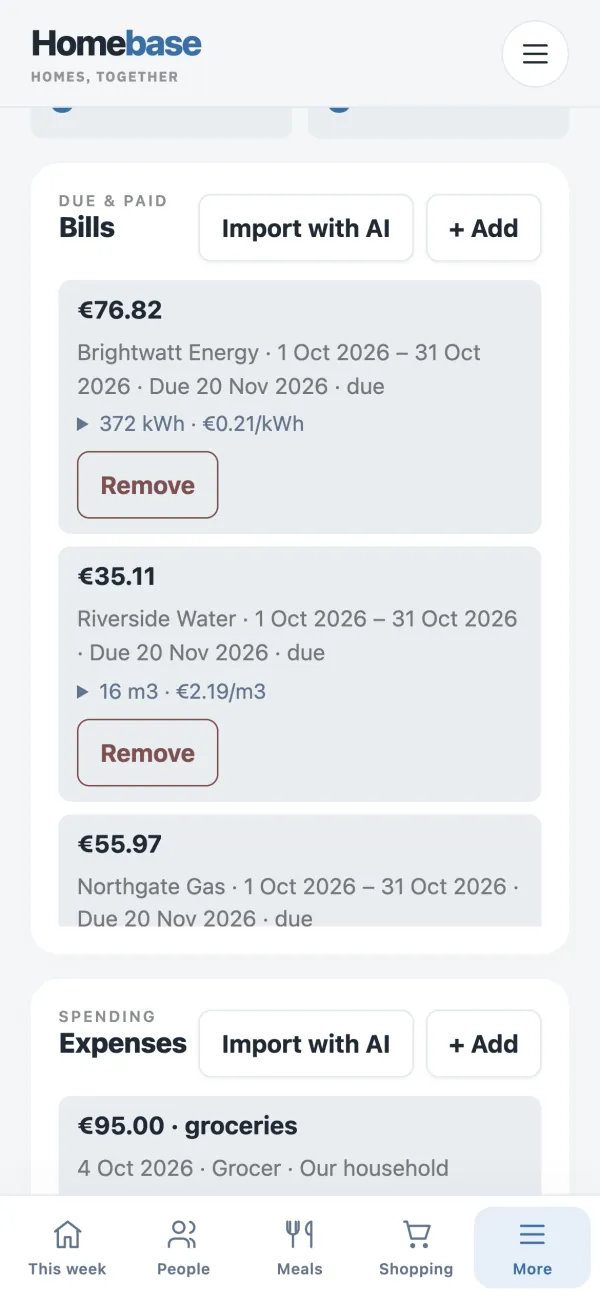 Bills and expenses on a phone: energy, water and gas bills with usage and due dates, a groceries expense, and Import with AI buttons.