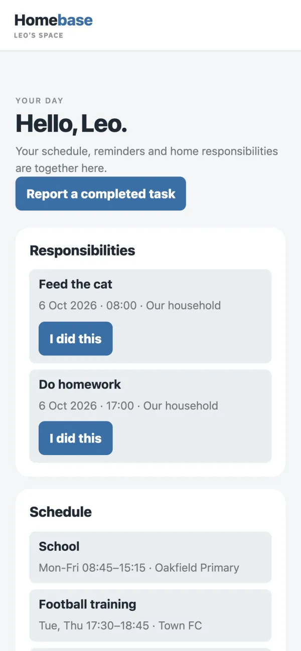 A child's own page on a phone: a greeting, a button to report a completed task, today's jobs with I did this buttons, and the week's school and football times.