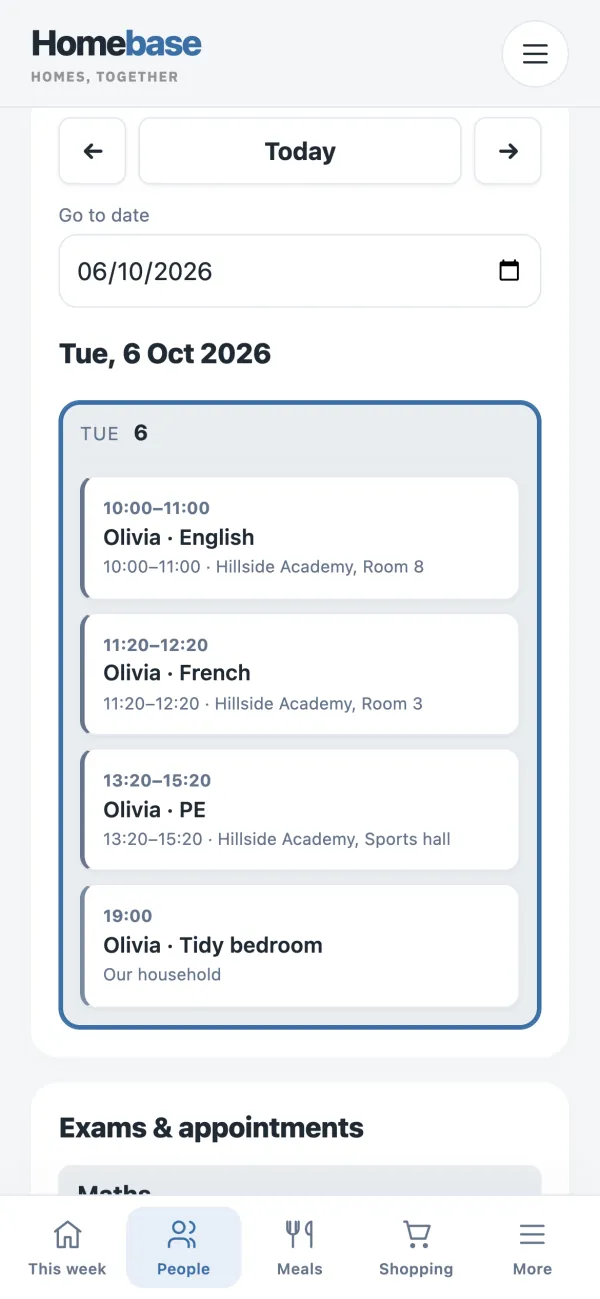 One child's school day on a phone: English, French and PE lessons with their times and rooms, then tidying her bedroom in the evening.