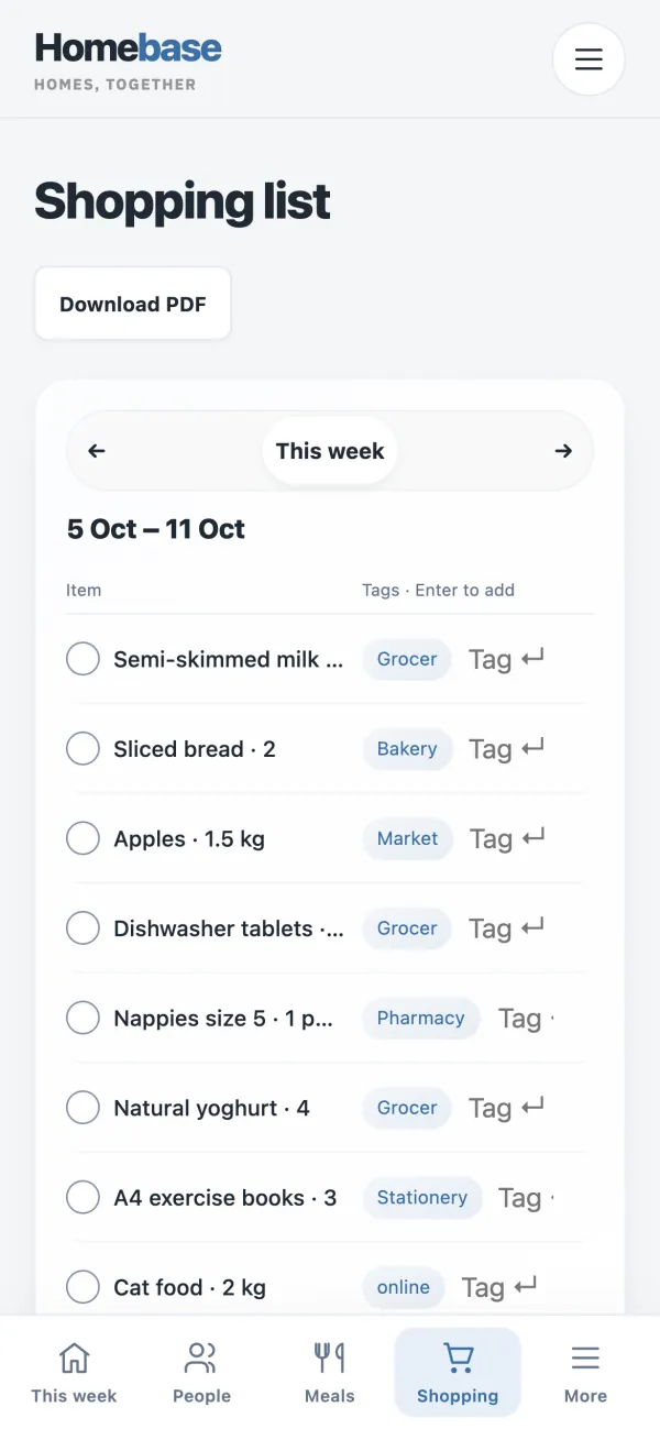 The shopping list on a phone: milk, bread, apples, yoghurt and other items, each tagged with the shop to buy it from.