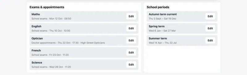 Exams and appointments for one child: maths, English, French and science tests with their dates and times, an optician appointment, and the school terms beside them.