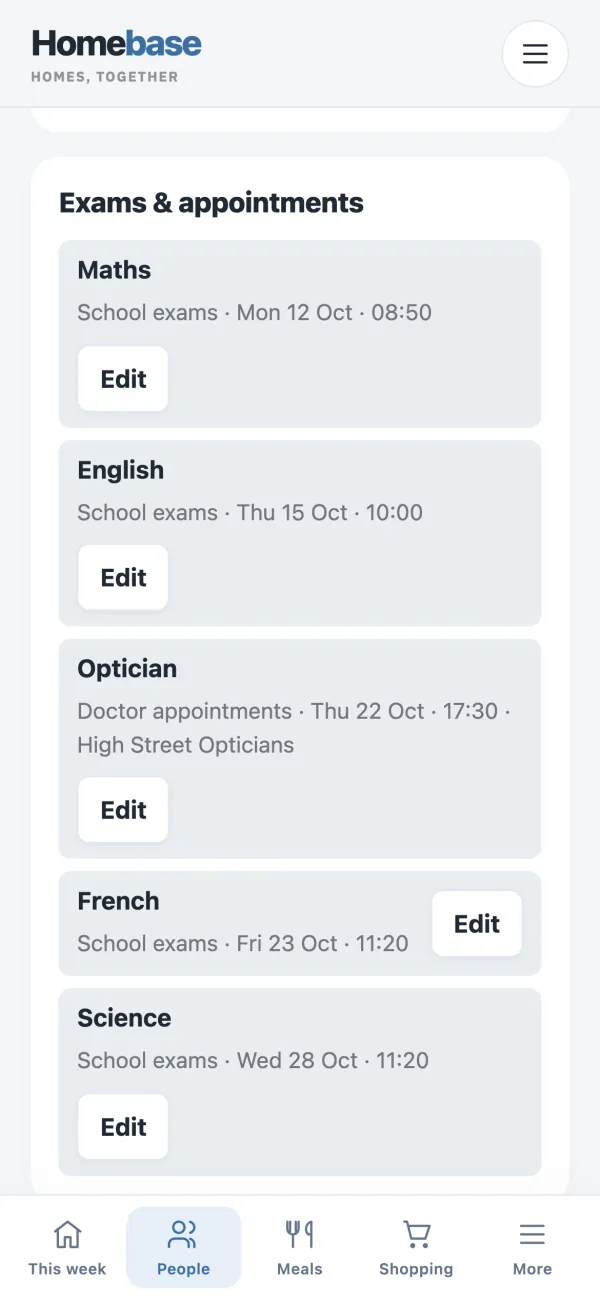 Exams and appointments on a phone: maths, English, French and science tests with their dates and times, and an optician appointment.