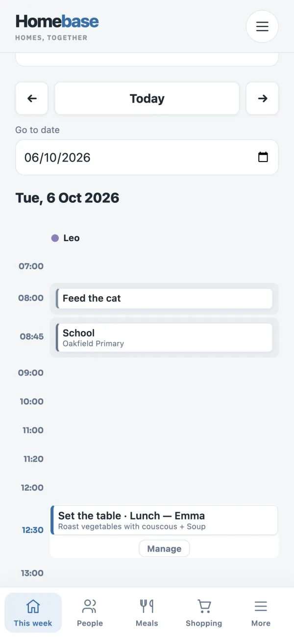 The family day on a phone: Leo's day hour by hour, with feeding the cat, school at Oakfield Primary, and lunch, where Emma sets the table.