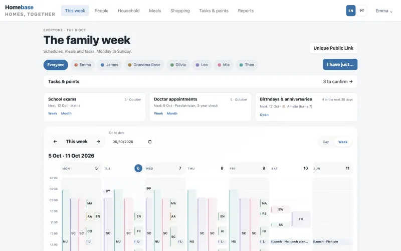 The family week in Homebase: a filter for each person, tasks waiting to be confirmed, the next school exam, doctor appointment and birthday, above the week's calendar.